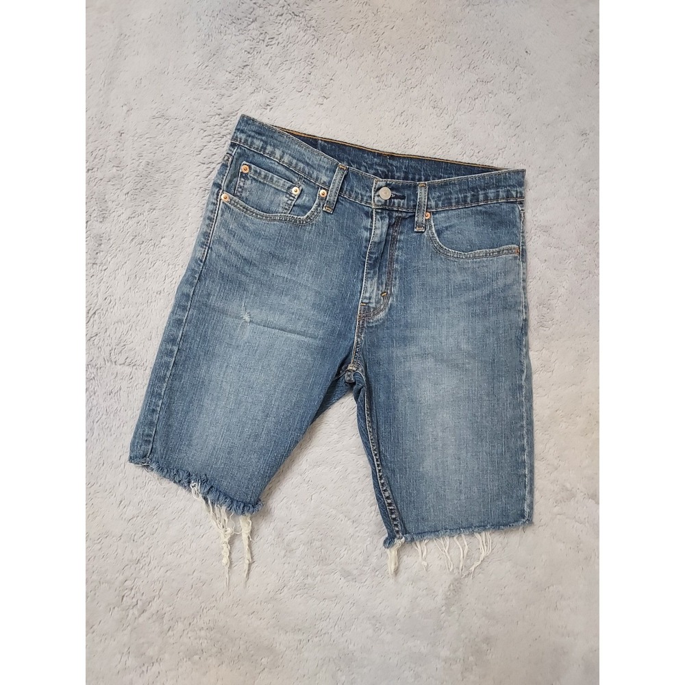 Levis Jean Shorts Mens 31 405 Frayed Grunge Straight Denim Blue Jorts Cut Off